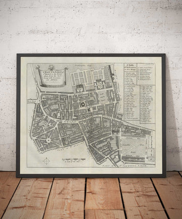 Mappa antica di Londra St Giles nel 1720 di John Strype e John Stow - Great Russell Street, Lincoln&