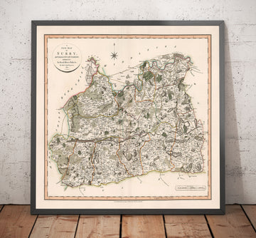Alte Karte von Surrey im Jahr 1801 von John Cary - Guildford, Haslemere, Streatham, Reigate, Dorking 