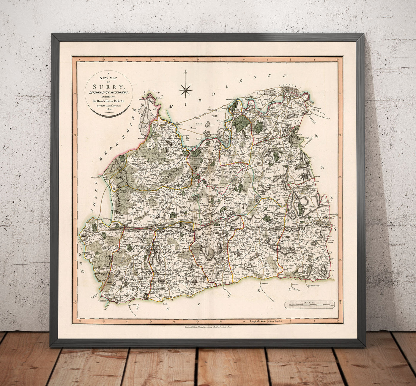 Alte Karte von Surrey im Jahr 1801 von John Cary - Guildford, Haslemere, Streatham, Reigate, Dorking 