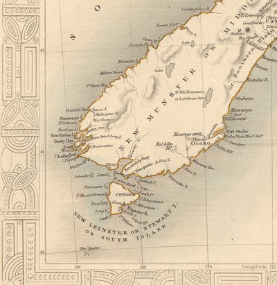 Ancienne carte de la Nouvelle-Zélande en 1851 par Tallis et Rapkin - Auckland, Tauranga, Christchurch, Wellington, New Plymouth