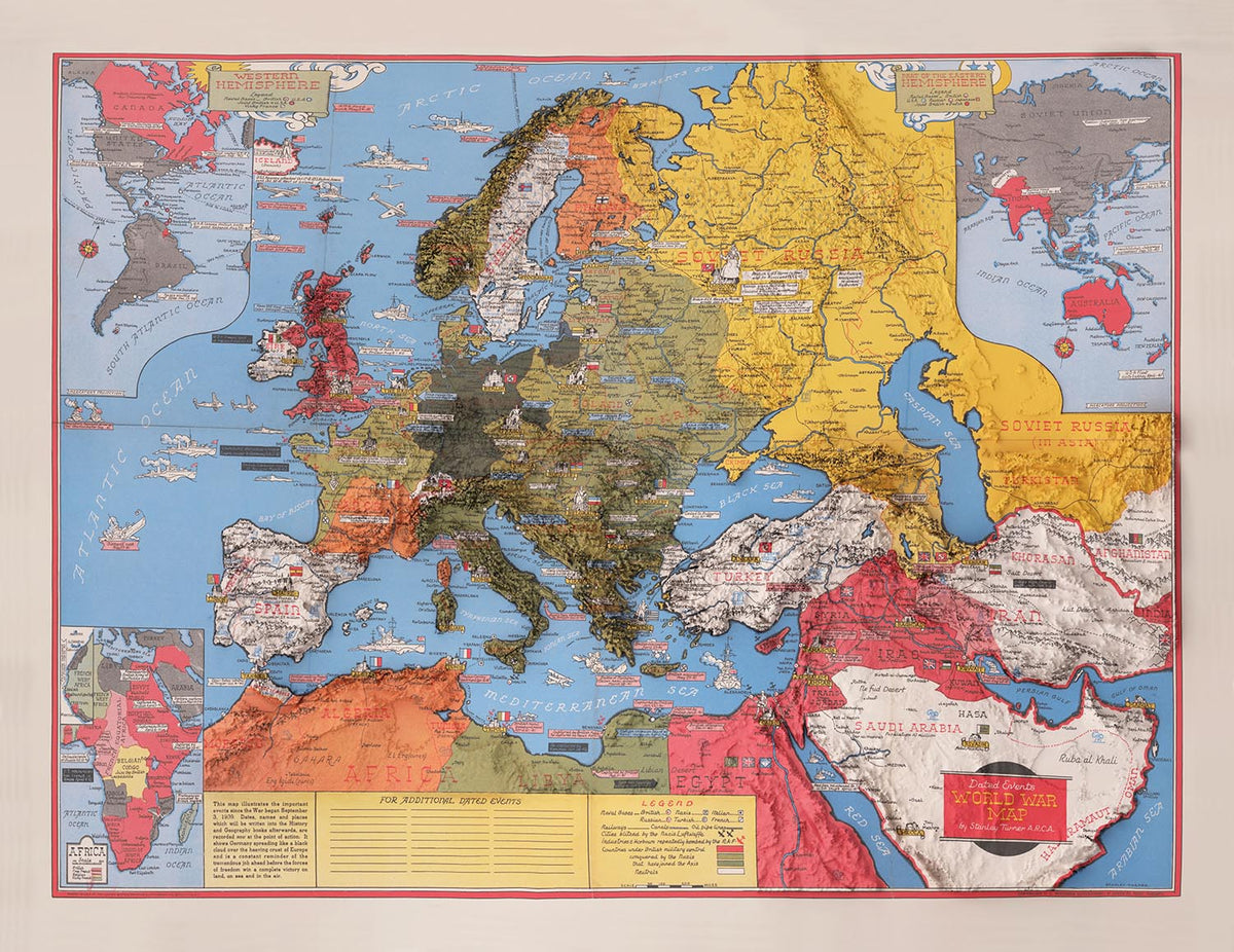 Old World War 2 Map, 1942 by Stanley Turner  - "Dated Events" WW2 History Chart