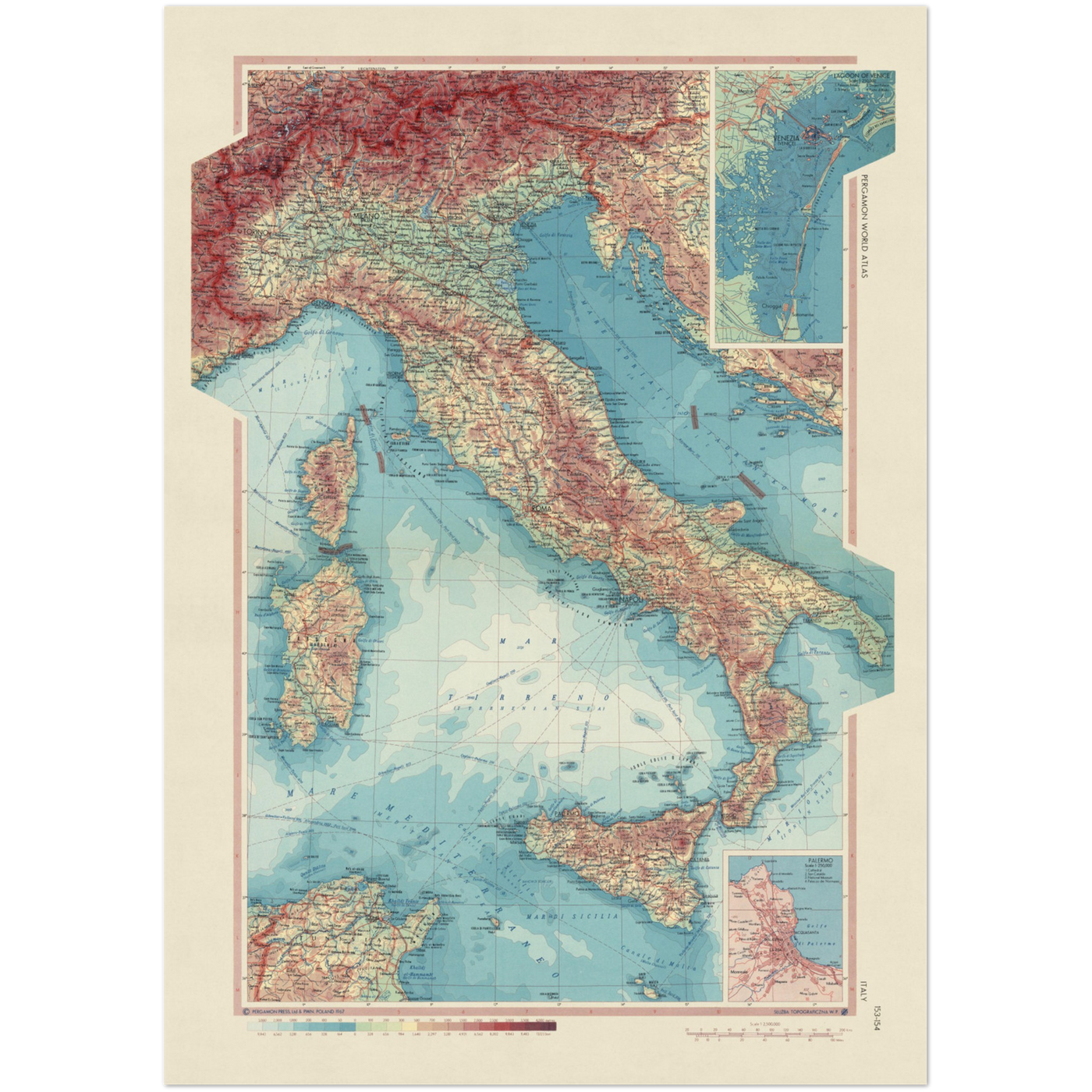 Old Map of Italy, 1967: Corsica, Sardinia, Sicily, Tyrrhenian Sea, Adriatic Sea