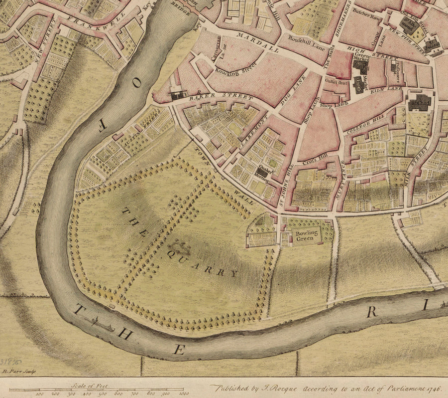 Antica mappa di Shrewsbury nel 1746 di John Rocque - Fiume Severn, Frankwell, Welsh Bridge, Stone Bridge, Bowling Green 