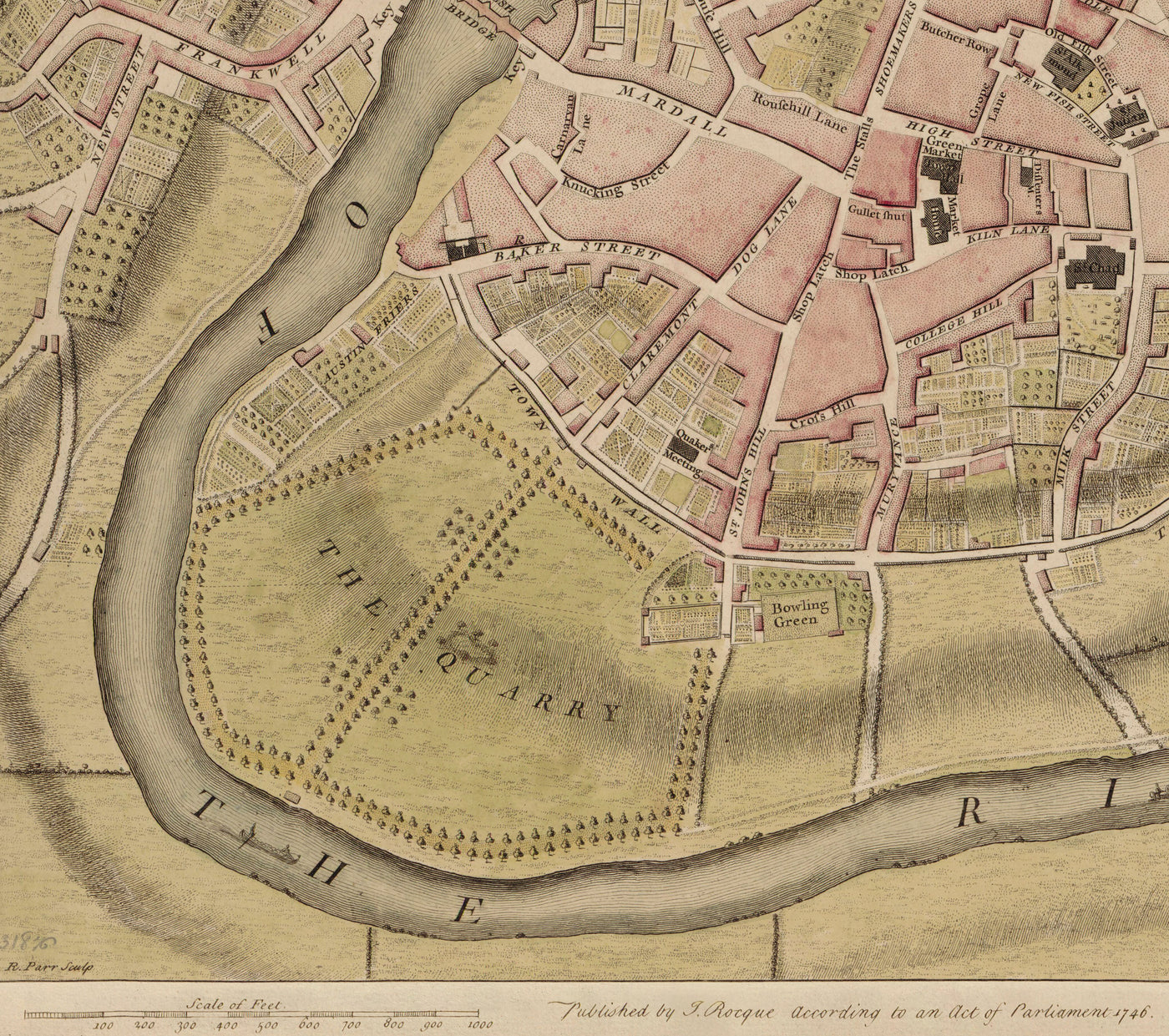 Ancienne carte de Shrewsbury en 1746 par John Rocque - Rivière Severn, Frankwell, Welsh Bridge, Stone Bridge, Bowling Green