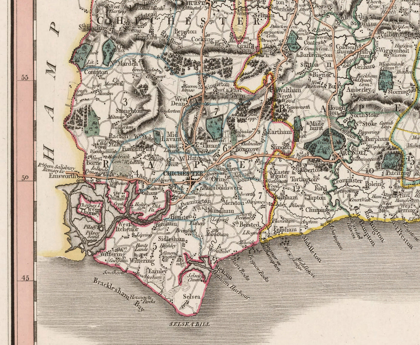 Alte Karte von Sussex im Jahr 1801 von John Cary - Brighton, Hastings, Eastbourne, Preston, Dumford 
