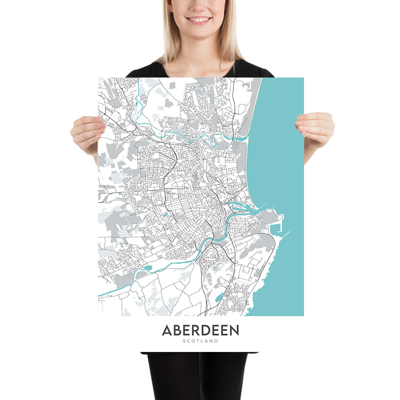 Mapa moderno de la ciudad de Aberdeen, Escocia: centro de la ciudad, Old Aberdeen, Union St, River Dee, Marischal College