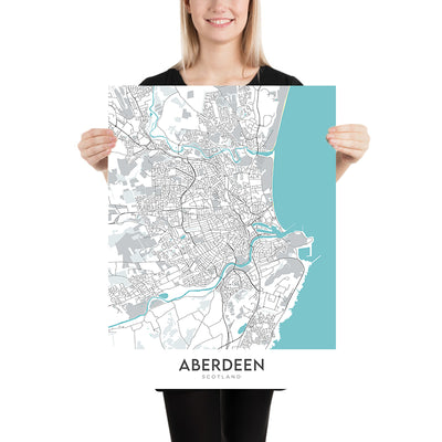 Mapa moderno de la ciudad de Aberdeen, Escocia: centro de la ciudad, Old Aberdeen, Union St, River Dee, Marischal College