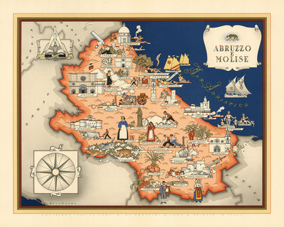 Ancienne carte picturale d'Abruzzo et Molise, 1938 : L'Aquila, Campobasso, Teramo, Pescara, Chieti 