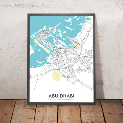 Mapa moderno de la ciudad de Abu Dhabi, EAU: Gran Mezquita, Palacio de los Emiratos, Corniche Road, Al Bateen, Isla Yas 