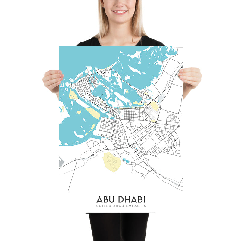 Mapa moderno de la ciudad de Abu Dhabi, EAU: Gran Mezquita, Palacio de los Emiratos, Corniche Road, Al Bateen, Isla Yas 