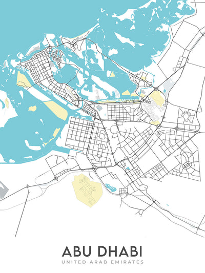 Mapa moderno de la ciudad de Abu Dhabi, EAU: Gran Mezquita, Palacio de los Emiratos, Corniche Road, Al Bateen, Isla Yas 