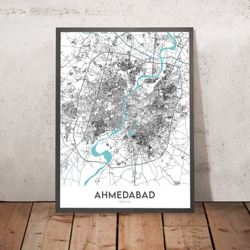 Mappa della città moderna di Ahmedabad, Gujarat: fiume Sabarmati, lago Kankaria, C.G. Road, S.G. Highway, Vastrapur 