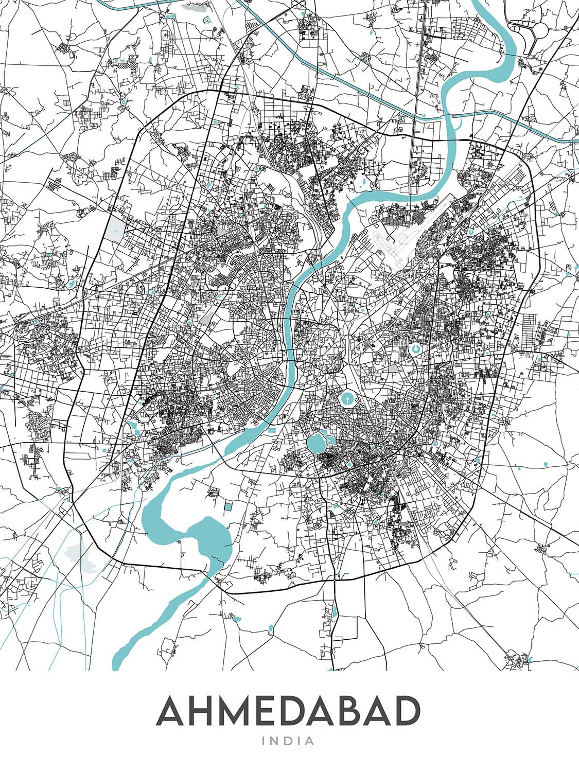 Modern City Map of Ahmedabad, Gujarat: Sabarmati River, Kankaria Lake, C.G. Road, S.G. Highway, Vastrapur