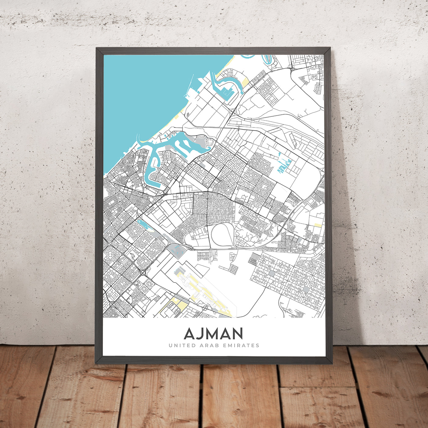 Mapa moderno de la ciudad de Ajman, EAU: Al Nuaimiya, Al Rawda, Al Zahra, Calle Bin Zayed, Calle Bin Humaid 