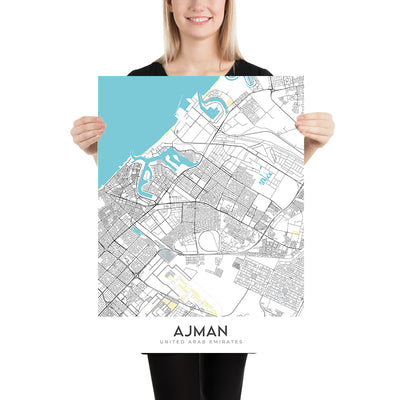 Mapa moderno de la ciudad de Ajman, EAU: Al Nuaimiya, Al Rawda, Al Zahra, Calle Bin Zayed, Calle Bin Humaid 