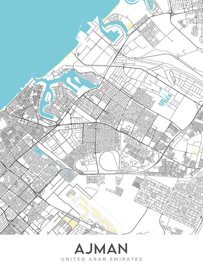 Mapa moderno de la ciudad de Ajman, EAU: Al Nuaimiya, Al Rawda, Al Zahra, Calle Bin Zayed, Calle Bin Humaid 