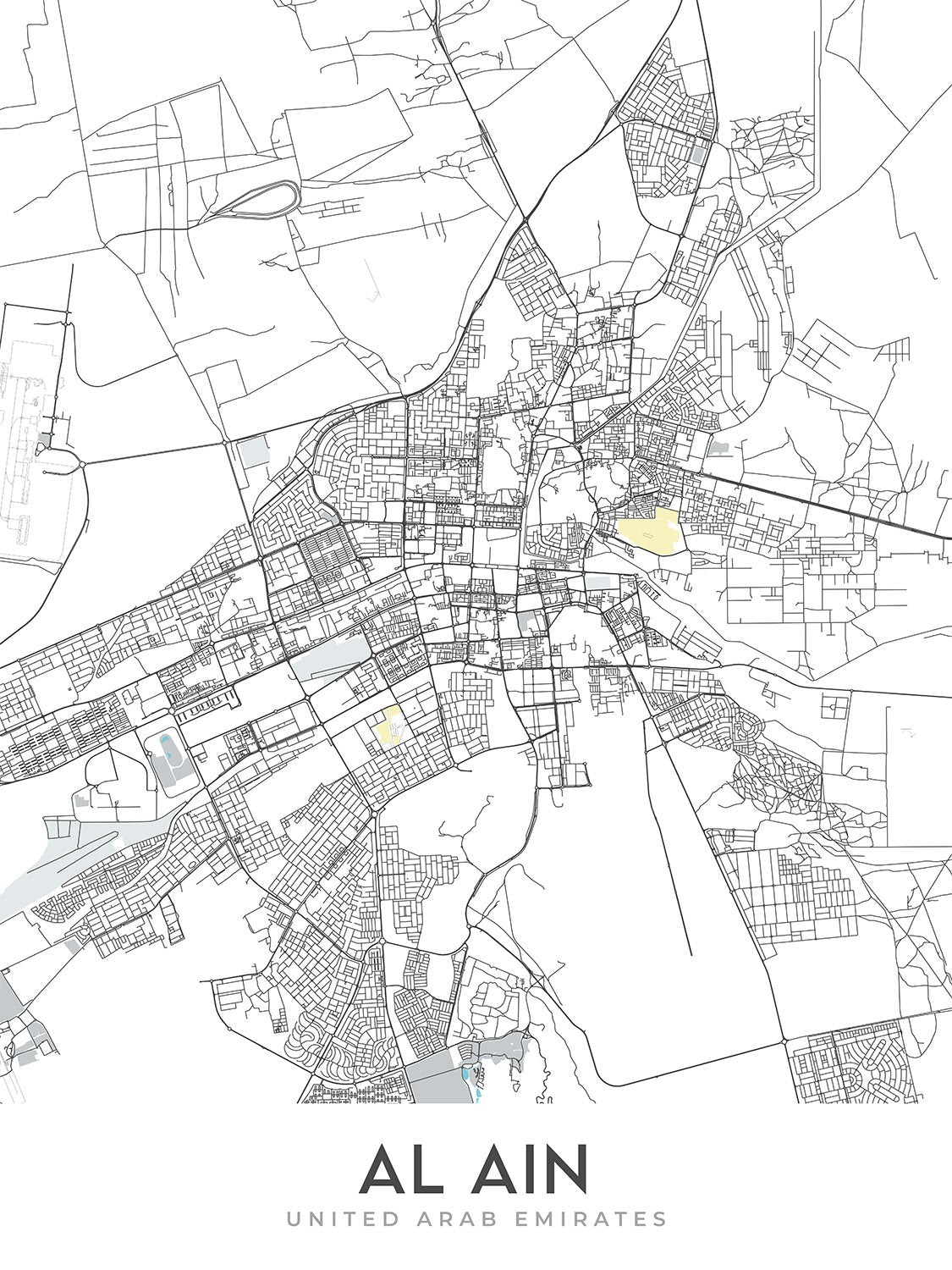 Carte de la ville moderne d'Al Ain, Émirats Arabes Unis : Oasis, Zoo, Musée national, Rue Bin Zayed, Rue Bin Sultan 