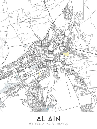 Carte de la ville moderne d'Al Ain, Émirats Arabes Unis : Oasis, Zoo, Musée national, Rue Bin Zayed, Rue Bin Sultan 