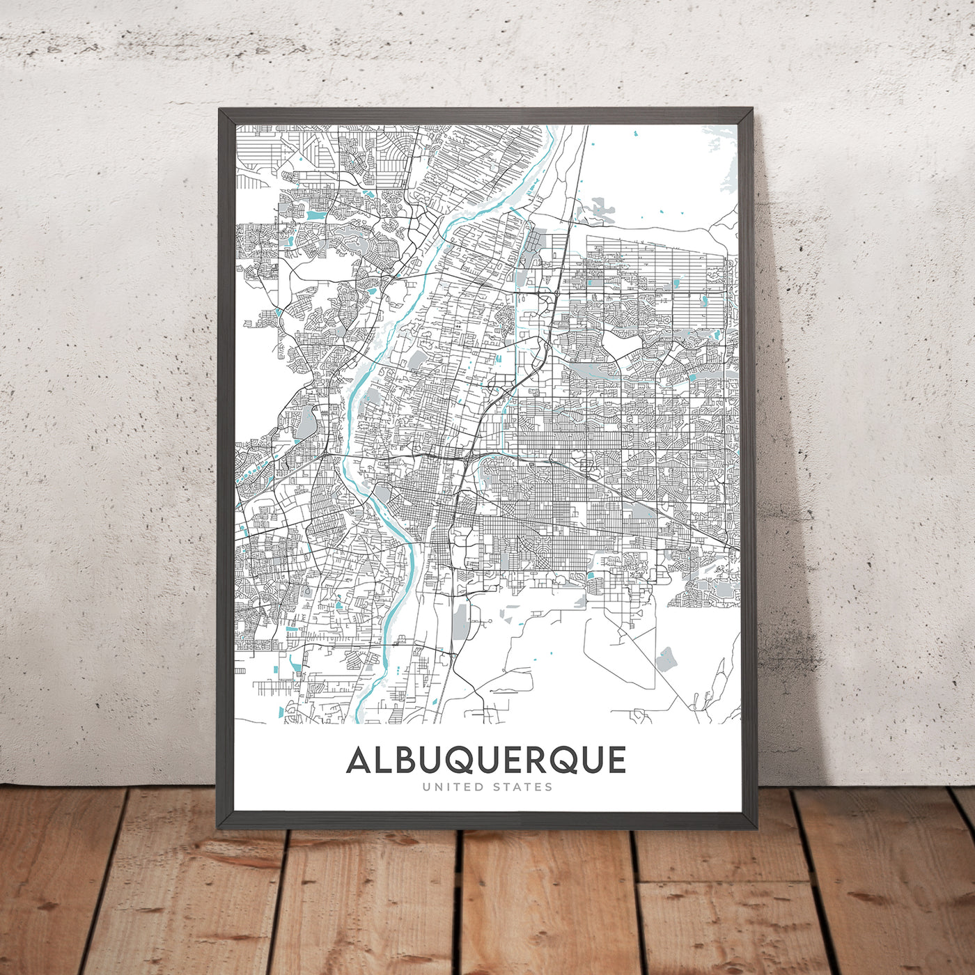 Plan de la ville moderne d'Albuquerque, Nouveau-Mexique : centre-ville, vieille ville, université du Nouveau-Mexique, montagnes Sandia, Rio Grande