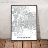 Mapa moderno de la ciudad de Albuquerque, NM: centro, casco antiguo, Universidad de Nuevo México, montañas Sandia, Río Grande