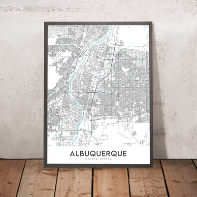 Plan de la ville moderne d'Albuquerque, Nouveau-Mexique : centre-ville, vieille ville, université du Nouveau-Mexique, montagnes Sandia, Rio Grande