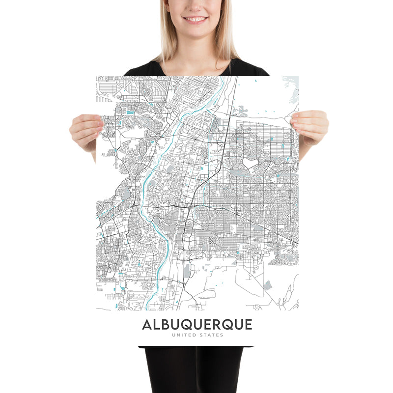 Plan de la ville moderne d'Albuquerque, Nouveau-Mexique : centre-ville, vieille ville, université du Nouveau-Mexique, montagnes Sandia, Rio Grande