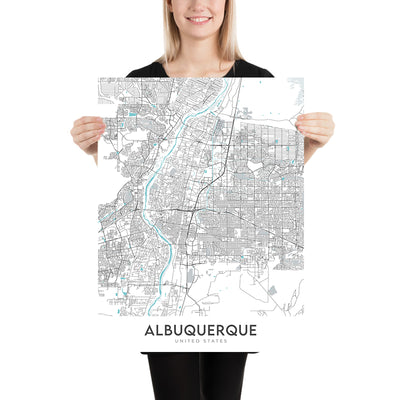 Plan de la ville moderne d'Albuquerque, Nouveau-Mexique : centre-ville, vieille ville, université du Nouveau-Mexique, montagnes Sandia, Rio Grande