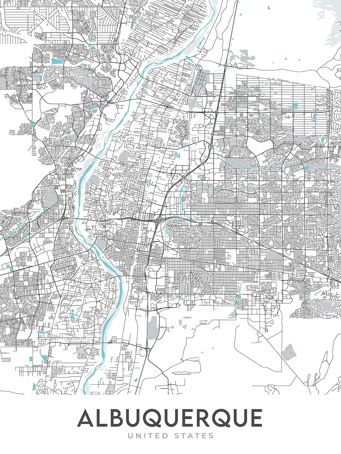Plan de la ville moderne d'Albuquerque, Nouveau-Mexique : centre-ville, vieille ville, université du Nouveau-Mexique, montagnes Sandia, Rio Grande