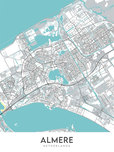Plan de la ville moderne d'Almere, Pays-Bas : Almere Stad, Almere Centrum, De Observant, A6, N702