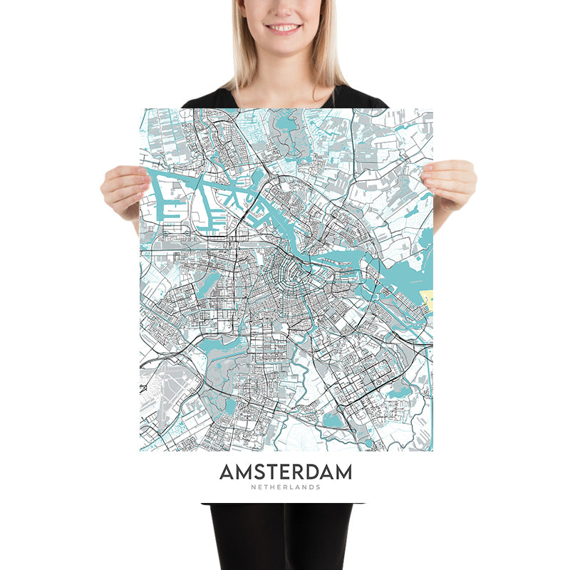 Mapa moderno de la ciudad de Ámsterdam, Países Bajos: Rijksmuseum, Museo Van Gogh, Museo Stedelijk, Casa de Ana Frank, Palacio Real