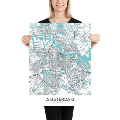 Mapa moderno de la ciudad de Ámsterdam, Países Bajos: Rijksmuseum, Museo Van Gogh, Museo Stedelijk, Casa de Ana Frank, Palacio Real