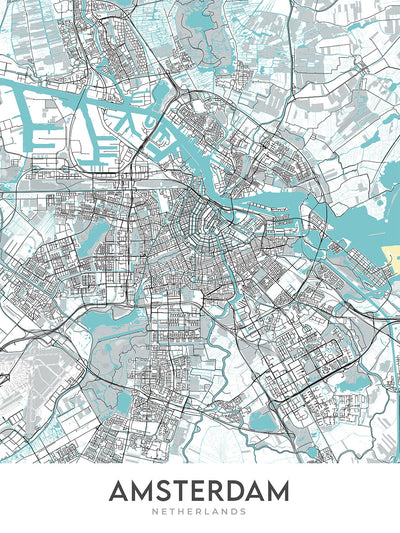 Mapa moderno de la ciudad de Ámsterdam, Países Bajos: Rijksmuseum, Museo Van Gogh, Museo Stedelijk, Casa de Ana Frank, Palacio Real