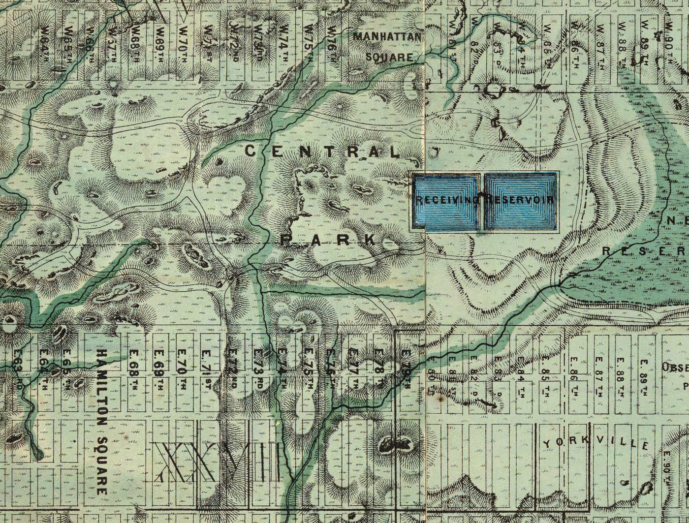 Ancienne carte des égouts et voies d'eau de Manhattan en 1865 par Ferdinand Mayer & Co - Hudson River, East River, Blackwells Island, NYC, Central Park