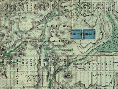 Ancienne carte des égouts et voies d'eau de Manhattan en 1865 par Ferdinand Mayer & Co - Hudson River, East River, Blackwells Island, NYC, Central Park