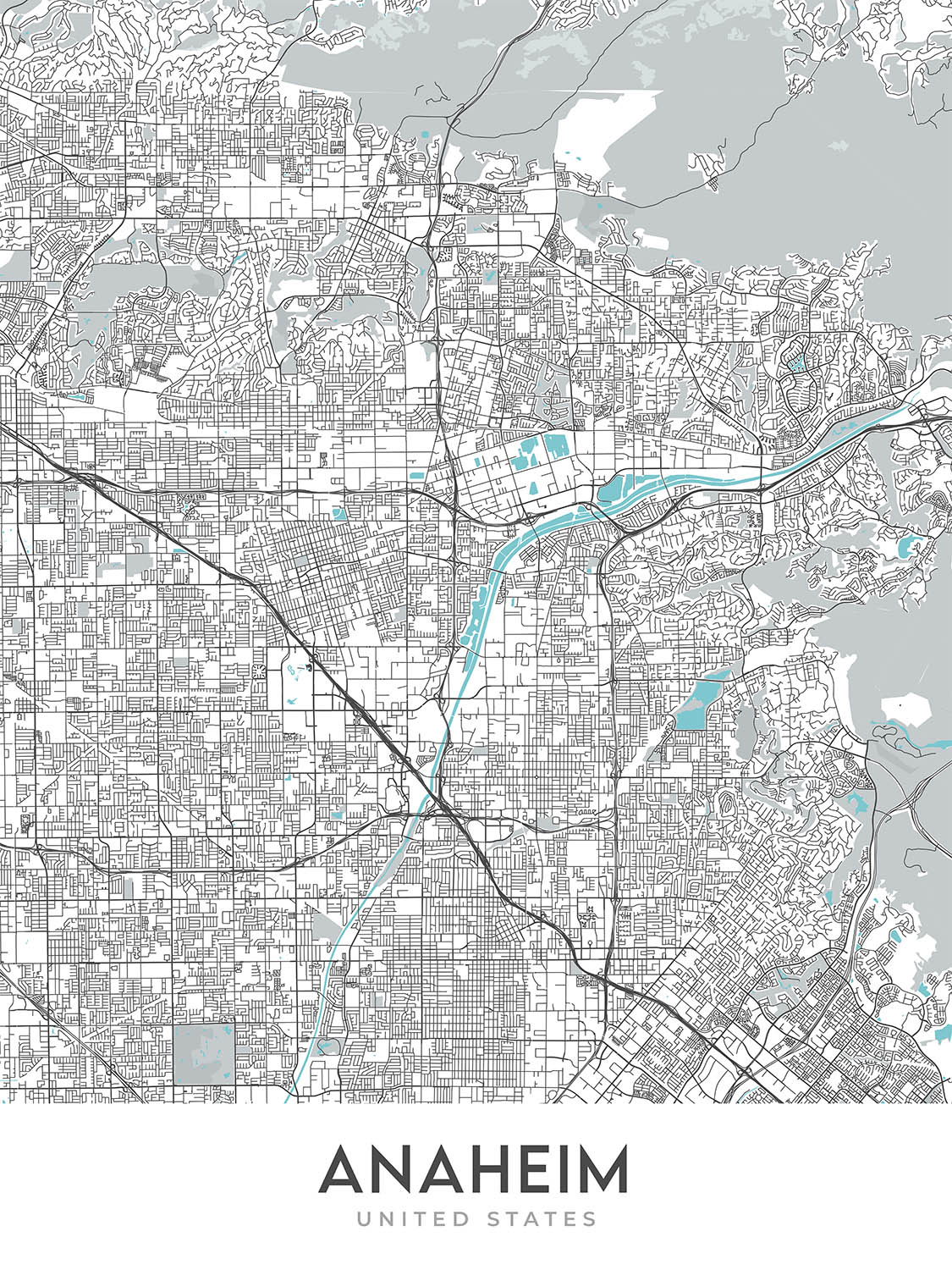 Plan de la ville moderne d'Anaheim, Californie : Disneyland, Angel Stadium, Honda Center, Anaheim Convention Center, Fullerton