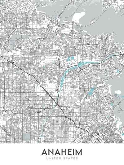 Plan de la ville moderne d'Anaheim, Californie : Disneyland, Angel Stadium, Honda Center, Anaheim Convention Center, Fullerton