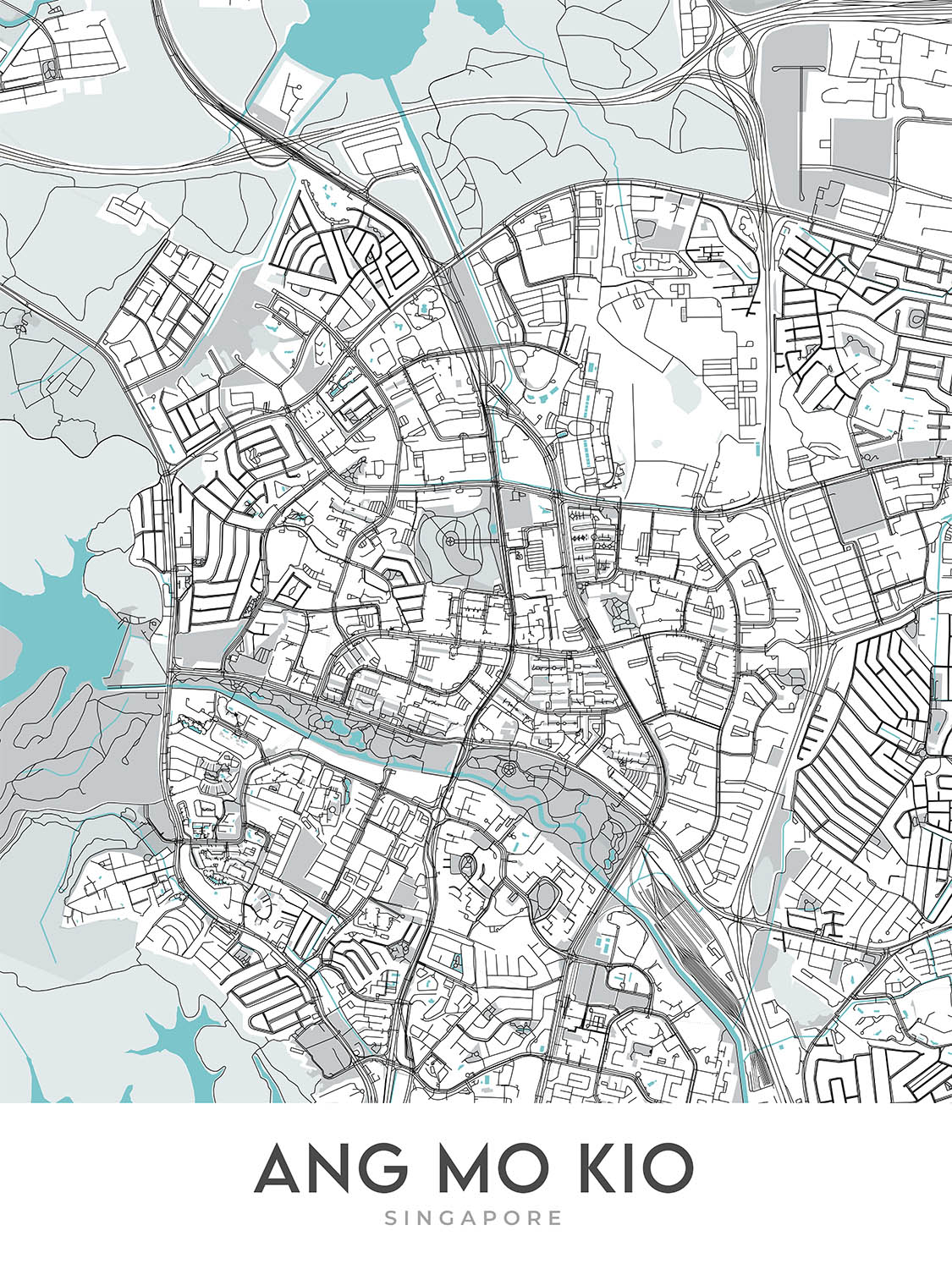 Modern City Map of Ang Mo Kio, Singapore: Bishan-Ang Mo Kio Park, Lower Peirce Reservoir, AMK Hub, Yio Chu Kang Rd, Ang Mo Kio Ave 3