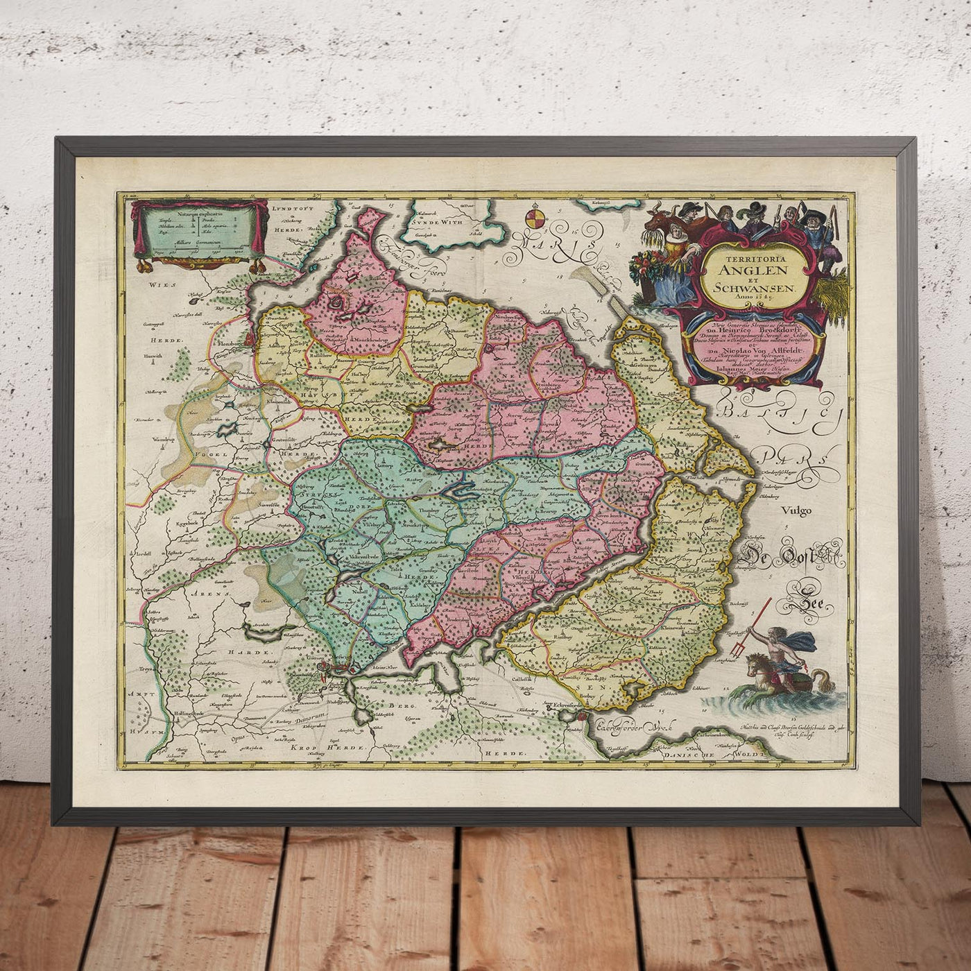 Mapa antiguo de Anglia y Schwansen por Joan Blaeu, 1665: Flensburg, Schleswig, Glücksburg, Kappeln, Süderbrarup, Mar Báltico, Fiordos