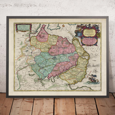 Mapa antiguo de Anglia y Schwansen por Joan Blaeu, 1665: Flensburg, Schleswig, Glücksburg, Kappeln, Süderbrarup, Mar Báltico, Fiordos