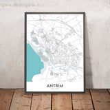 Carte moderne de la ville d'Antrim, Irlande du Nord : Jardins du château, tour ronde, route de Dublin, Lough Neagh, A26 