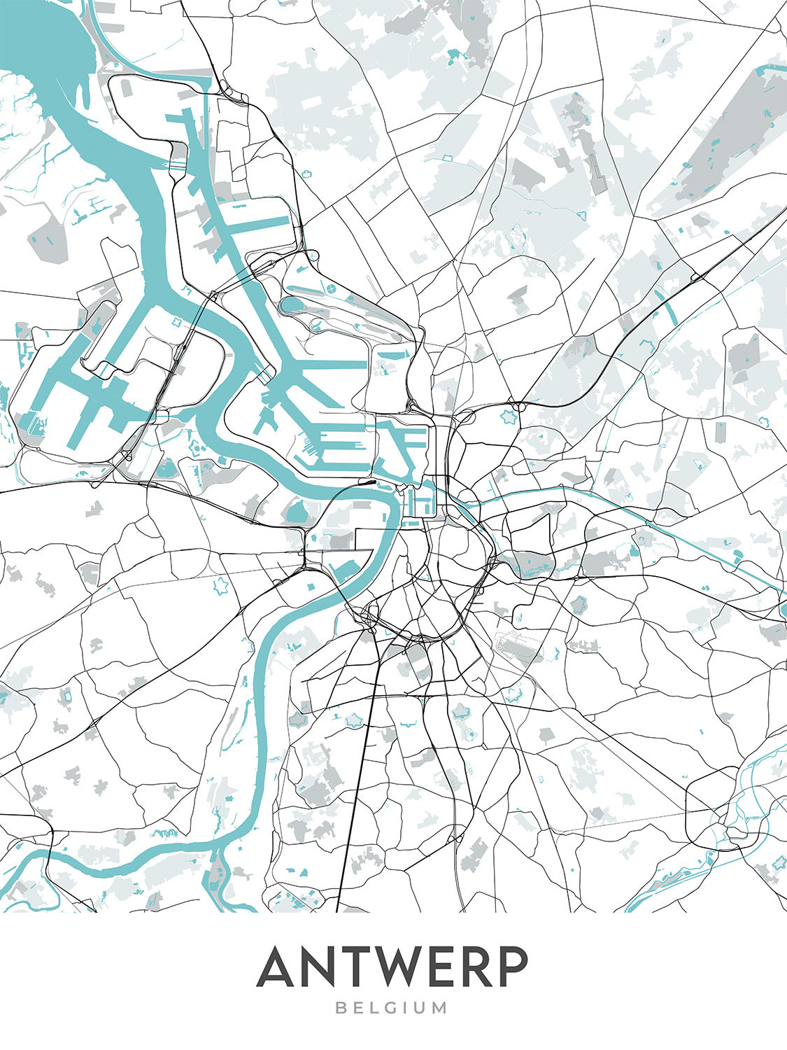 Modern City Map of Antwerp, Belgium: Central Station, Cathedral, City Hall, Zoo, Diamond District