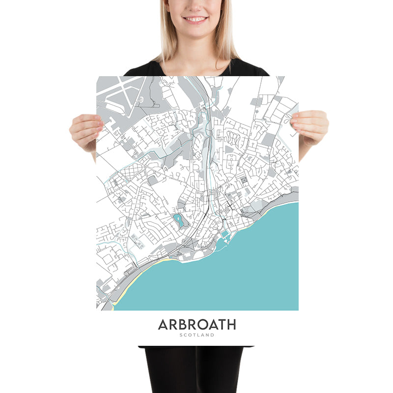 Carte moderne de la ville d'Arbroath, Écosse : Abbaye, Port, Parc Victoria, A92, Cliffburn 