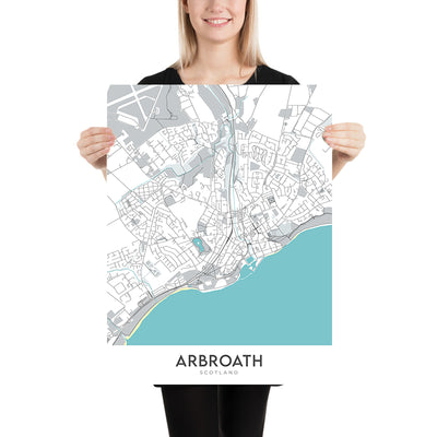 Carte moderne de la ville d'Arbroath, Écosse : Abbaye, Port, Parc Victoria, A92, Cliffburn 