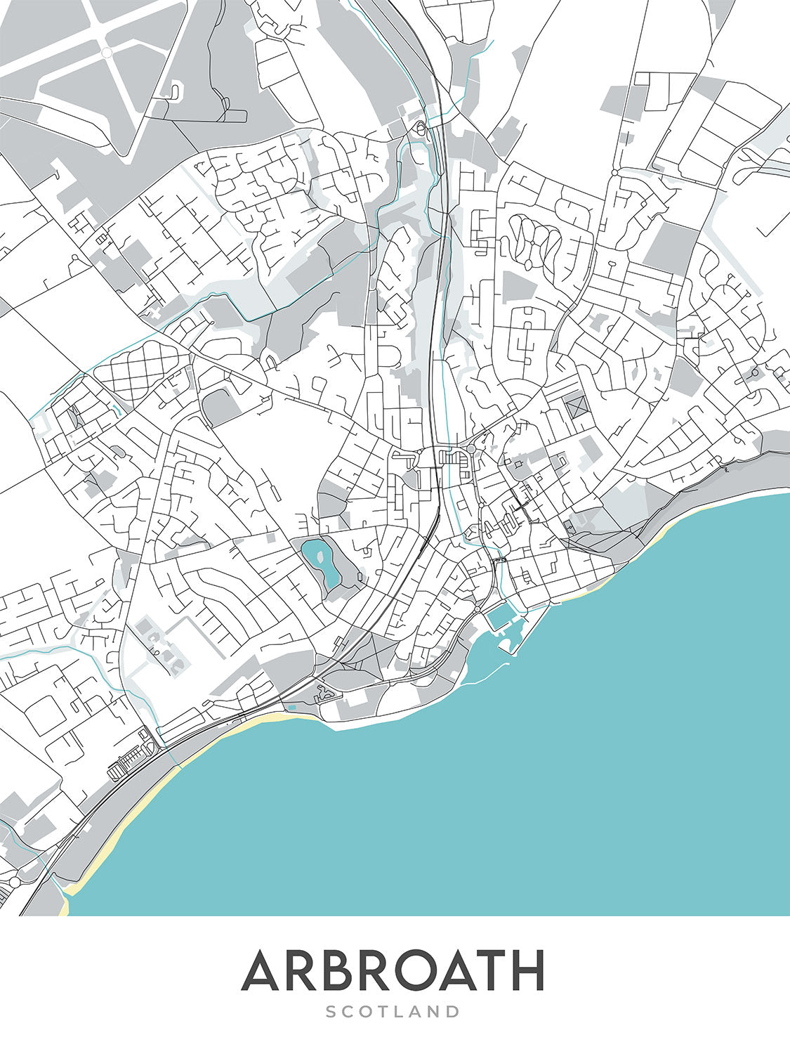 Carte moderne de la ville d'Arbroath, Écosse : Abbaye, Port, Parc Victoria, A92, Cliffburn 