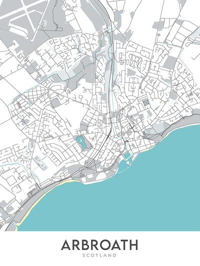 Carte moderne de la ville d'Arbroath, Écosse : Abbaye, Port, Parc Victoria, A92, Cliffburn 