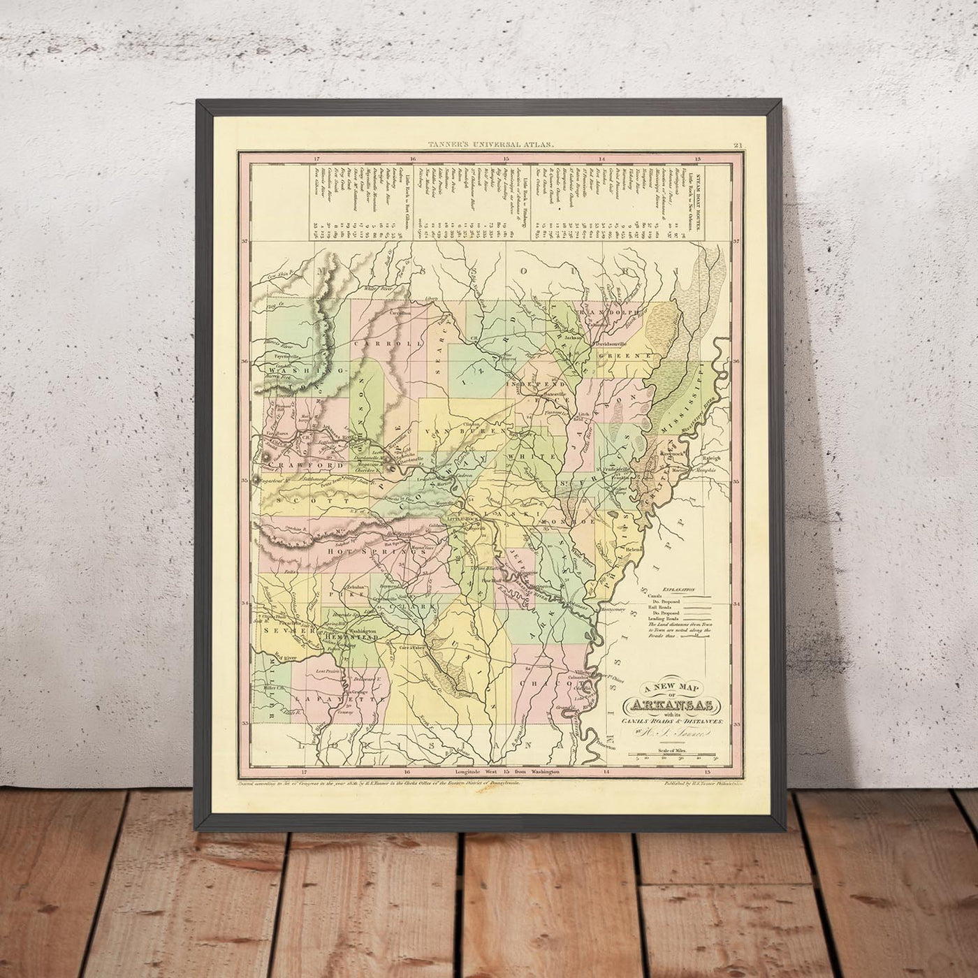 Mapa antiguo de Arkansas por H. S. Tanner, 1836: Little Rock, Fort Smith, Pine Bluff, Batesville, Washington, Carreteras, Ferrocarril, Canales