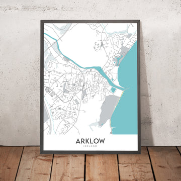Mappa moderna della città di Arklow, Irlanda: Castello, Porto, Faro, Miniere di Avoca, Casa di Ballyarthur 