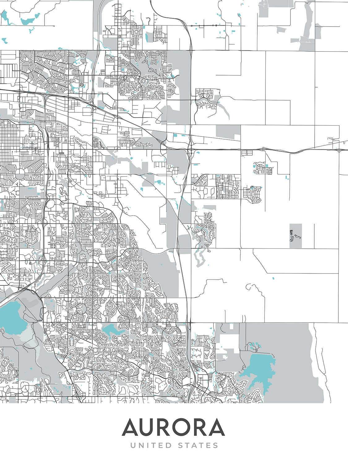 Plan de la ville moderne d'Aurora, Colorado : Aurora Hills, Cherry Creek, Fitzsimons, I-225, Buckley AFB