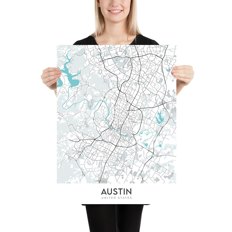 Mapa moderno de la ciudad de Austin, TX: centro, Universidad de Texas, Zilker Park, I-35, US-183