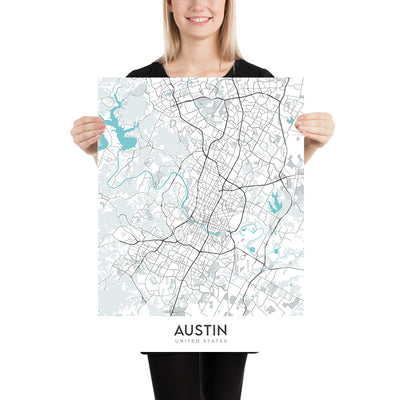 Mapa moderno de la ciudad de Austin, TX: centro, Universidad de Texas, Zilker Park, I-35, US-183